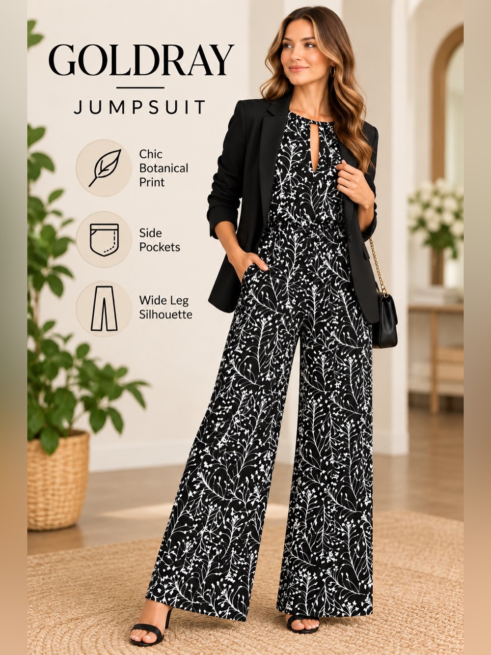 GOLDRAY Lowrey Black White Botanical Wide Leg Jumpsuit XS With Pockets